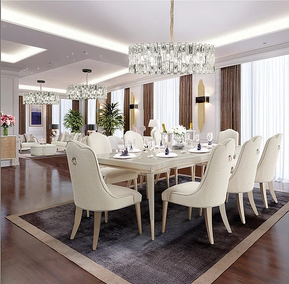 AICO Malibu Crest 9pc Rectangular Dining Room Set in Blush