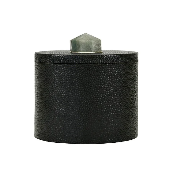 Worlds Away Round Black Faux Leather Container w/ Stone Handle MARLENE