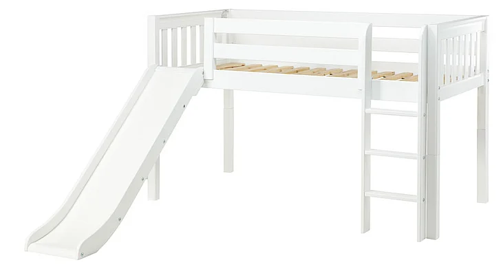 Maxtrix Bare Bone Twin Size Low Loft (Low/Low) Slat Bed with Straight Ladder and Slide in White MARVELOUSWS