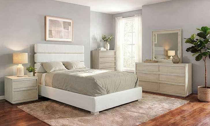 MODERNhome Dolce Vita 2pc Upholstered Bedrooms Set in Seashell Beechwood