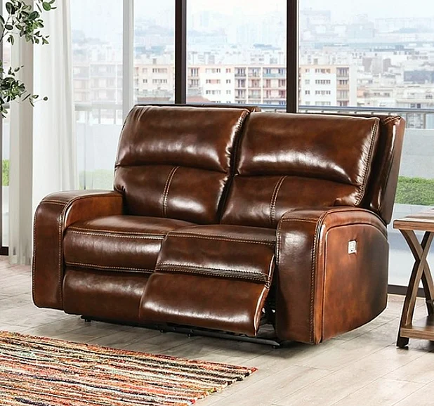 Furniture of America Soterios Power Reclining Loveseat in Medium Brown CM9924MB-LV-PM