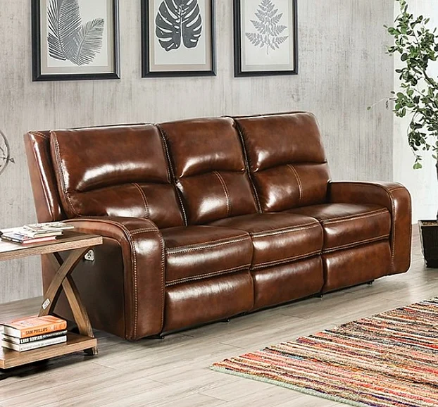 Furniture of America Soterios Power Reclining Sofa in Medium Brown CM9924MB-SF-PM