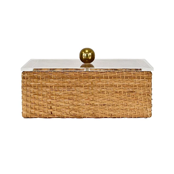 Worlds Away Large Woven Rattan Container w/ Acrylic Lid and Brass Ball Handle MERYL LG