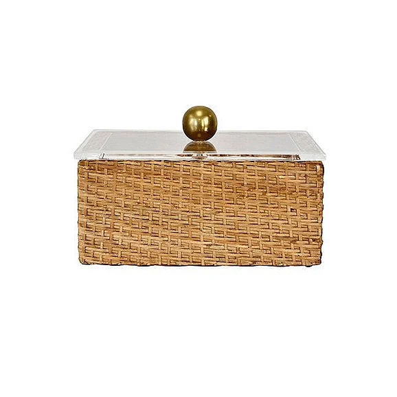 Worlds Away Small Woven Rattan Container w/ Acrylic Lid and Brass Ball Handle MERYL SM