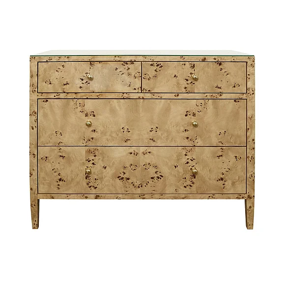 Worlds Away Four Drawer Chest in Burl Wood w/ Glass Top MICHELLE BW