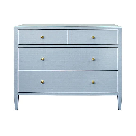 Worlds Away Four Drawer Chest in Textured Light Blue Linen w/ Glass Top MICHELLE LB