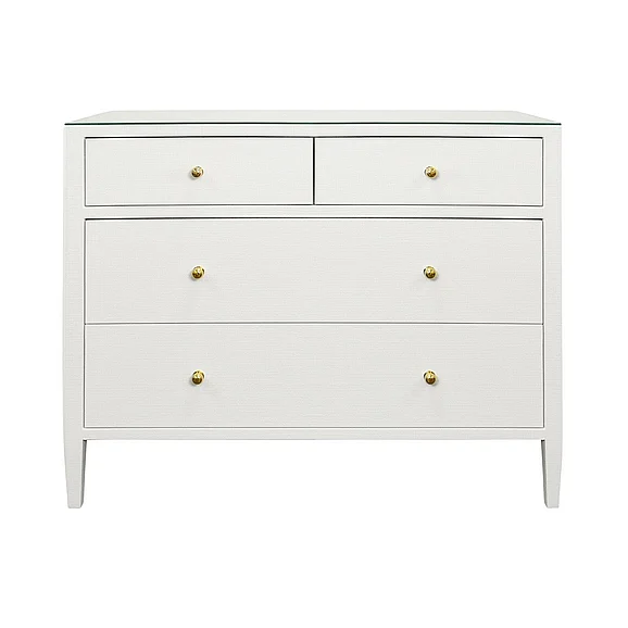 Worlds Away Four Drawer Chest in Textured White Linen w/ Glass Top MICHELLE WH