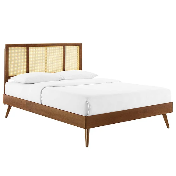 Modway Kelsea Cane and Wood Full Platform Bed With Splayed Legs in Walnut MOD-6696-WAL