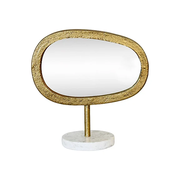 Worlds Away Iron Tabletop Mirror in Aged Gold Finish On White & Grey Marble Base MOE