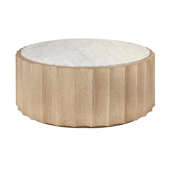 Worlds Away Round Coffee Table w/ Fluted Detail in Cerused Oak w/ White Carrara Marble Top MOORE CO