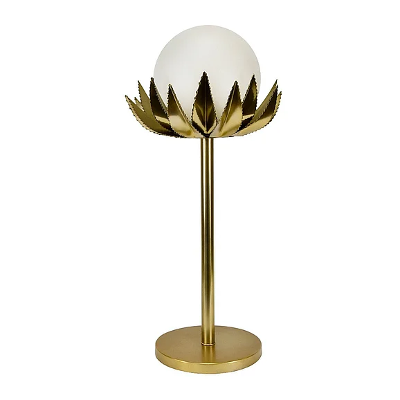 Worlds Away Glass Globe Palm Leaf Uplight Table Lamp in Brass MOXIE