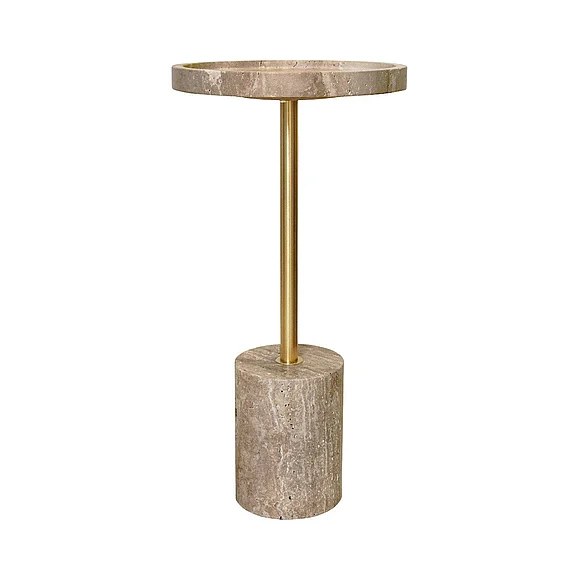 Worlds Away Round Side Table in Travertine w/ Stainless Steel Pole NATALIA