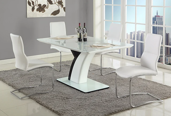 Chintaly Natasha 5pcs Starphire Glass w. Wood Top Dining Table Set in Gloss White/Black