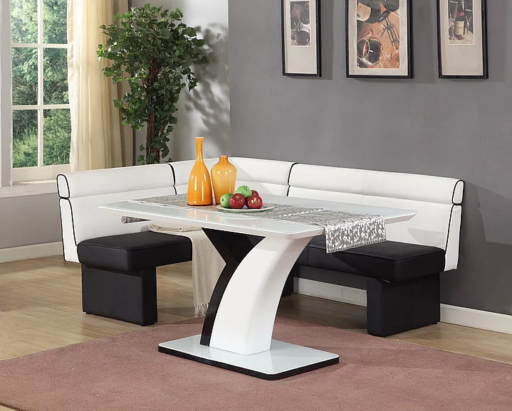 Chintaly Natasha 2pcs Starphire Glass w. Wood Top Dining Table and Nook Set in Gloss White/Black