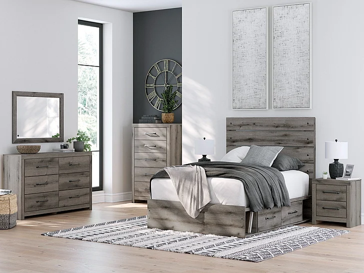 Fondenlane 4-Piece Panel Storage Bedroom Set in Brown Gray