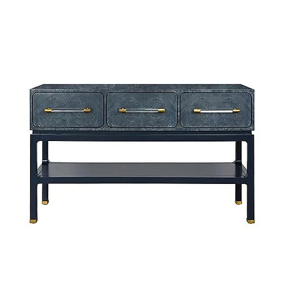 Worlds Away Three Drawer Console in Navy Burl Wood NELSON NVYBW