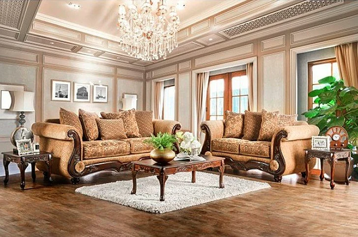 Furniture of America Nicanor 2pc Living Room Set in Tan/Gold