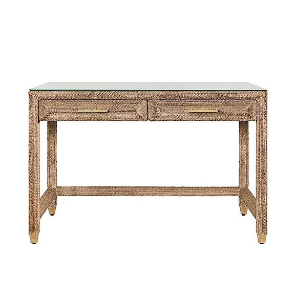 Worlds Away Two Drawer Desk in Wrapped Rope w/ Glass Top and Brass Foot Caps NOBLE