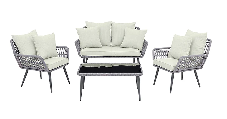 Manhattan Comfort Portofino Rope Wicker 4-Piece Patio Conversation Set with Cushions in Cream OD-CV019-CR