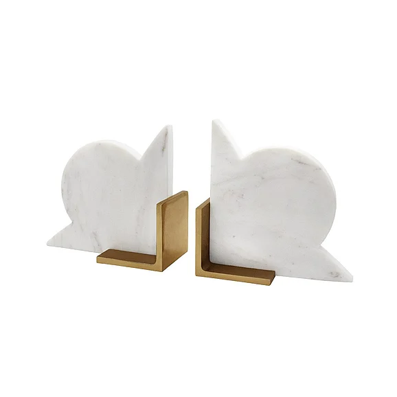 Worlds Away Pair Of Geometric White Marble Bookends w/ Brass Detail ODUM