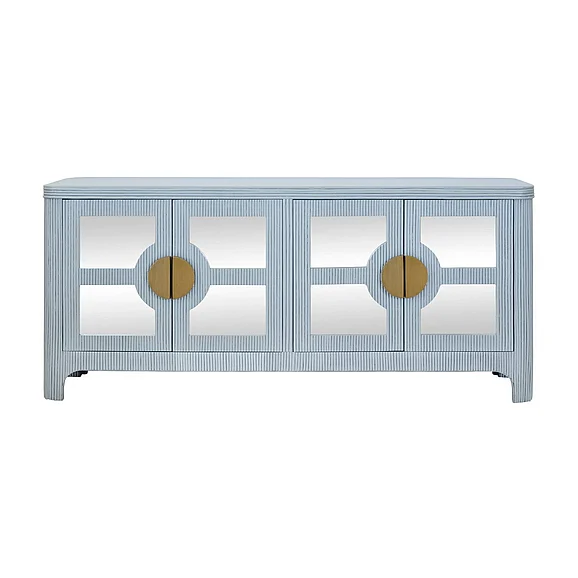 Worlds Away Four Door Mirror Front Reeded Case Buffet in Painted Light Blue OPAL LB