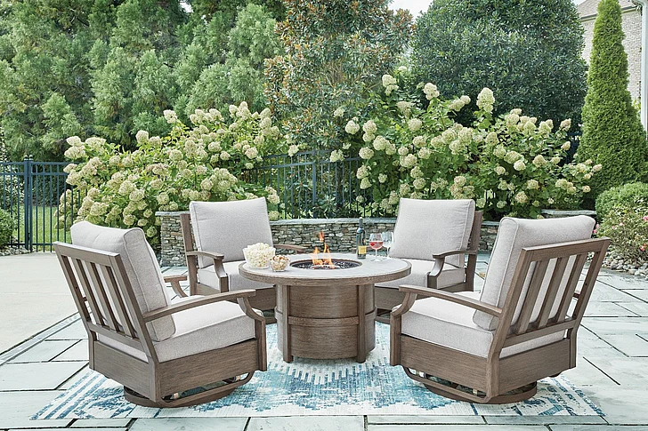 Rainier Ranch 5-Piece Outdoor Round Fire Pit Table Set in Beige
