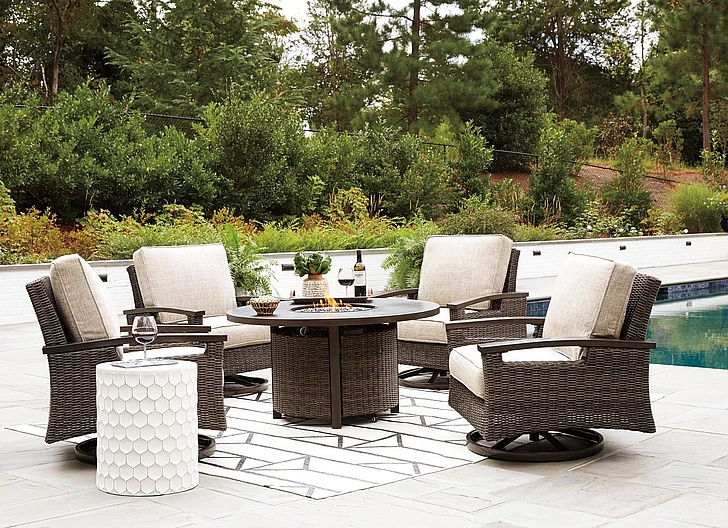 Paradise Trail 5-Piece Outdoor Round Fire Pit Table Set in Medium Brown