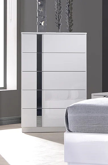 J&M Palermo 5 Drawer Chest in White Lacquer and Chrome 17853-C CLOSEOUT