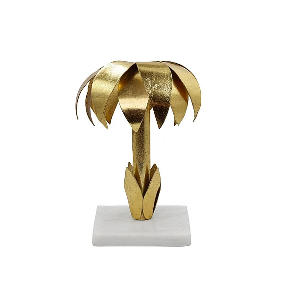 Worlds Away Iron Palm Tree Candle Holder in Gold Leaf Finish On White Marble Base PALMY