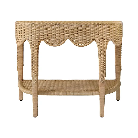 Worlds Away Paloma Scalloped Top Demi Lune Console in Woven Rattan PALOMA