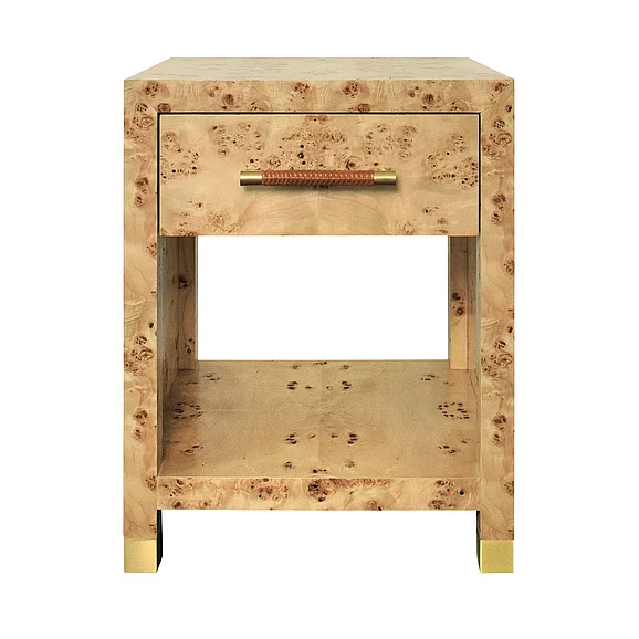 Worlds Away One Drawer Side Table w/ Rattan Wrapped Handle in Burl Wood PELHAM BW