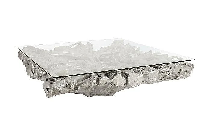 Phillips Collection Square Root Cast Coffee Table With Glass in Silver Leaf PH64211
