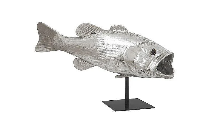 Phillips Collection Mouth Bass Fish with Stand Large in Silver Leaf PH66612