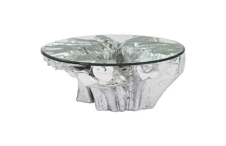 Phillips Collection Otis Root Cast Coffee Table with Glass in Silver Leaf PH67967