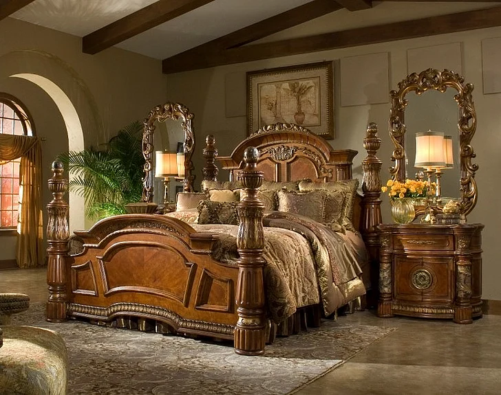 AICO Villa Valencia 4pc Poster Bedroom Set in Chestnut
