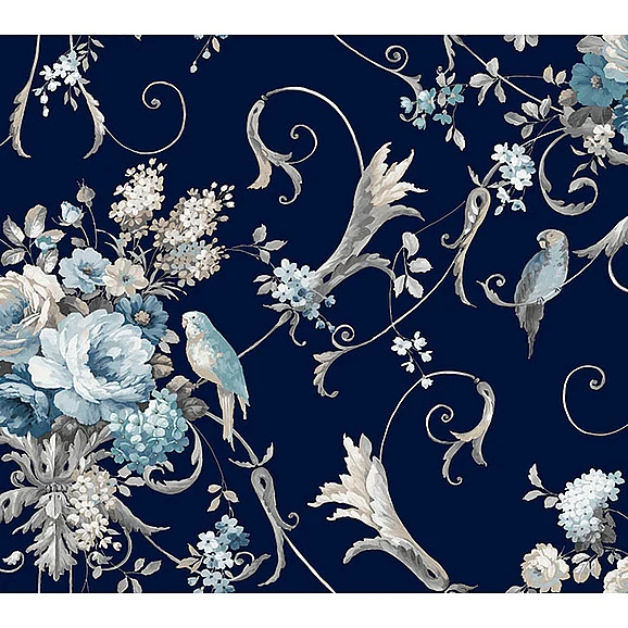 York E45-Vintage Florals Parrots with Floral Bouquets Navy Peel & Stick Wallpaper PSW1360RL