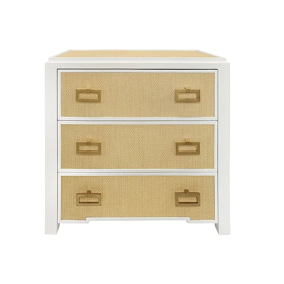 Worlds Away Three Drawer Side Table w/ Matte White Lacquer Frame RADLEY NAT