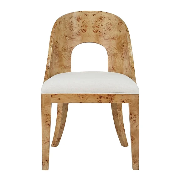 Worlds Away Curved Back Wooden Dining Chair in Burl Wood w/ White Linen RAFFERTY BW