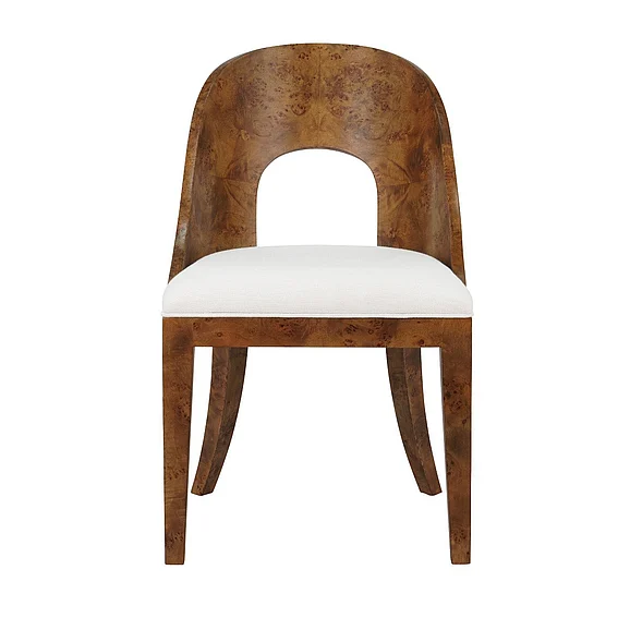 Worlds Away Curved Back Wooden Dining Chair in Dark Burl Wood w/ White Linen RAFFERTY DBW