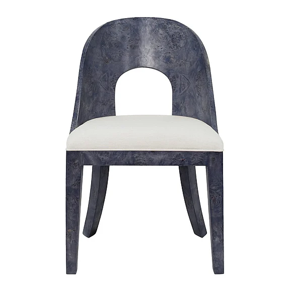 Worlds Away Curved Back Wooden Dining Chair in Navy Burl Wood w/ Permormance White Linen RAFFERTY NVYBW