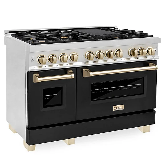 ZLINE Autograph Edition 48 In. 6.0 Cu. Ft. Legacy Dual Fuel Range w/7 Burner Gas Cooktop And 2 Electric Ovens In Stainless Steel w/Black Matte Doors And Polished Gold Accents in Polished Gold RAZBLM48G