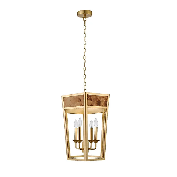 Worlds Away 4-Light Hexagon Pendant w/ Gold Metal Frame and Inset Burl Wood REN G
