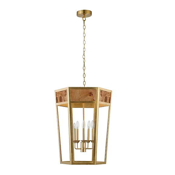 Worlds Away 5-Light Hexagon Pendant w/ Gold Metal Frame and Inset Burl Wood REYNOLDS G