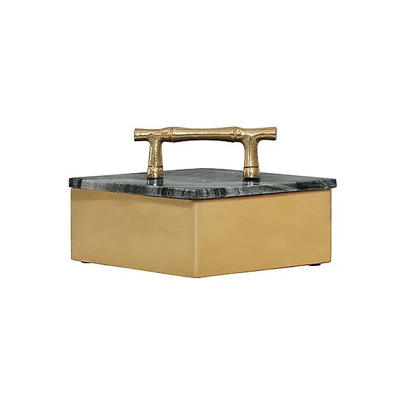 Worlds Away Small Diamond Shaped Brass Box w/ Black Marble Top and Brass Bamboo Handle RHOMA SM