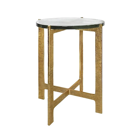 Worlds Away Round Side Table w/ Hammered Brass Base and Thick Poured Glass Top RICKY
