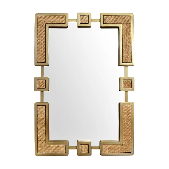 Worlds Away Rectangular Mirror w/ Curved Brass Section Frame and Inset Woven Rattan RORO