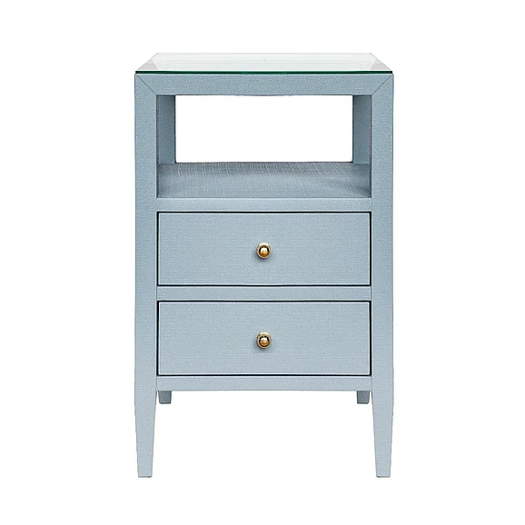 Worlds Away Roscoe Two Drawer Side Table in Textured Light Blue Linen ROSCOE LB