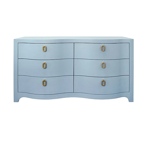Worlds Away Curved Front Six Drawer Chest in Textured Light Blue Linen ROSIE LB