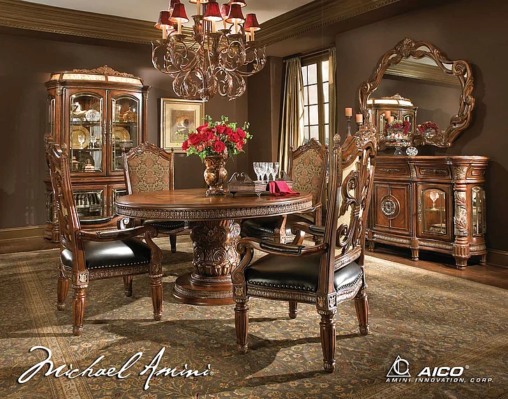 AICO Villa Valencia 5-pc Round Dining Table Set in Classic Chestnut