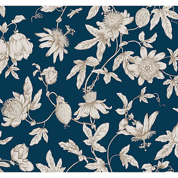 York F17-Toile Resource Library Passion Flower Toile Navy Wallpaper RT7856 (Double Roll)